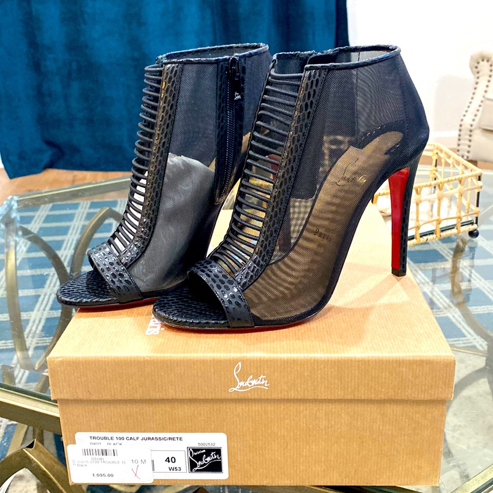New Christian Louboutin Black Mesh Open Toe Bootie Size 40